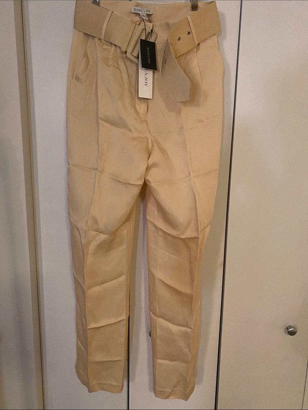 NWT Shona Joy Women’s Pleated Beige (Buttermilk) Belted Linen Blend Trousers 6